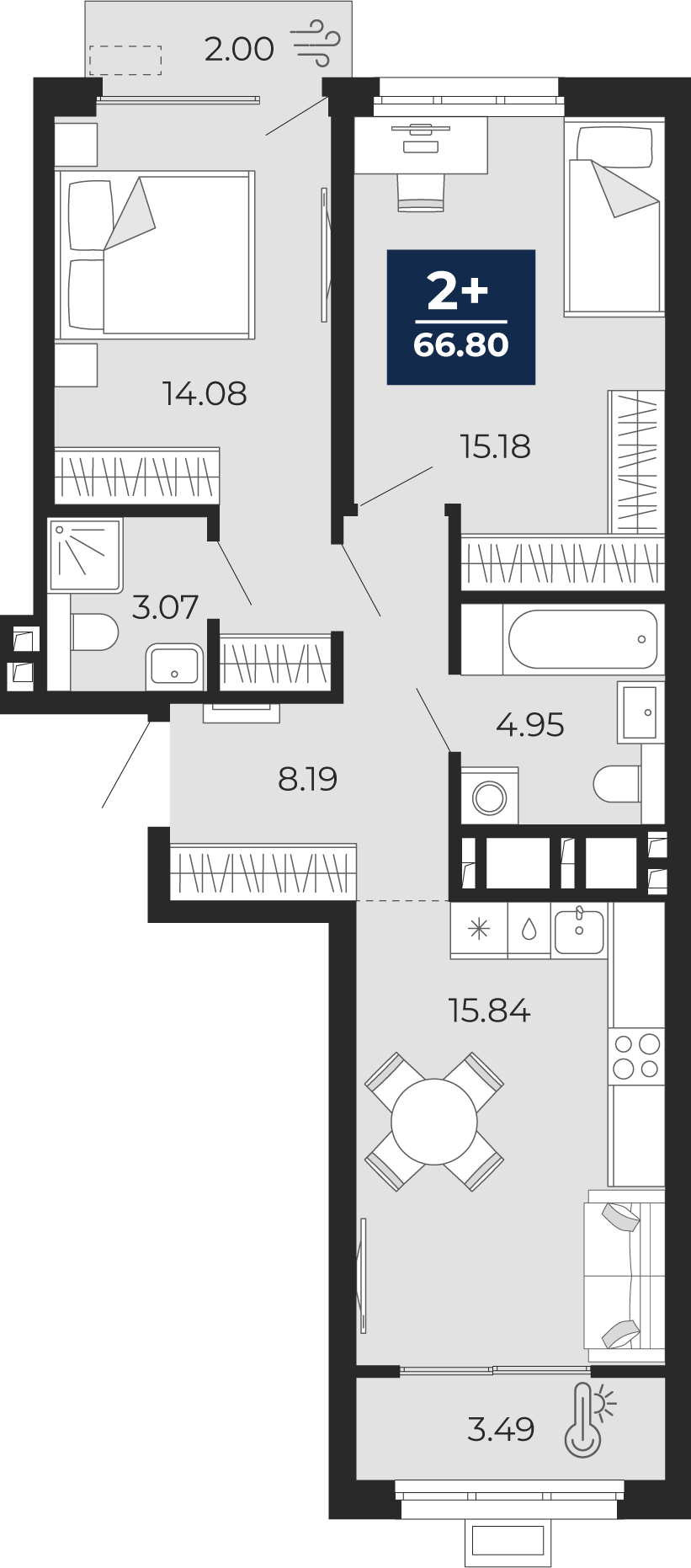 Квартира № 10, 2-комнатная, 66.8 кв. м, 2 этаж