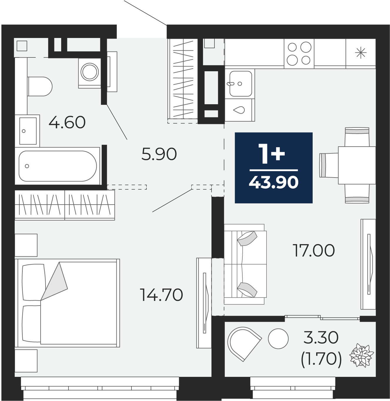 Квартира № 413, 1-комнатная, 43.9 кв. м, 13 этаж