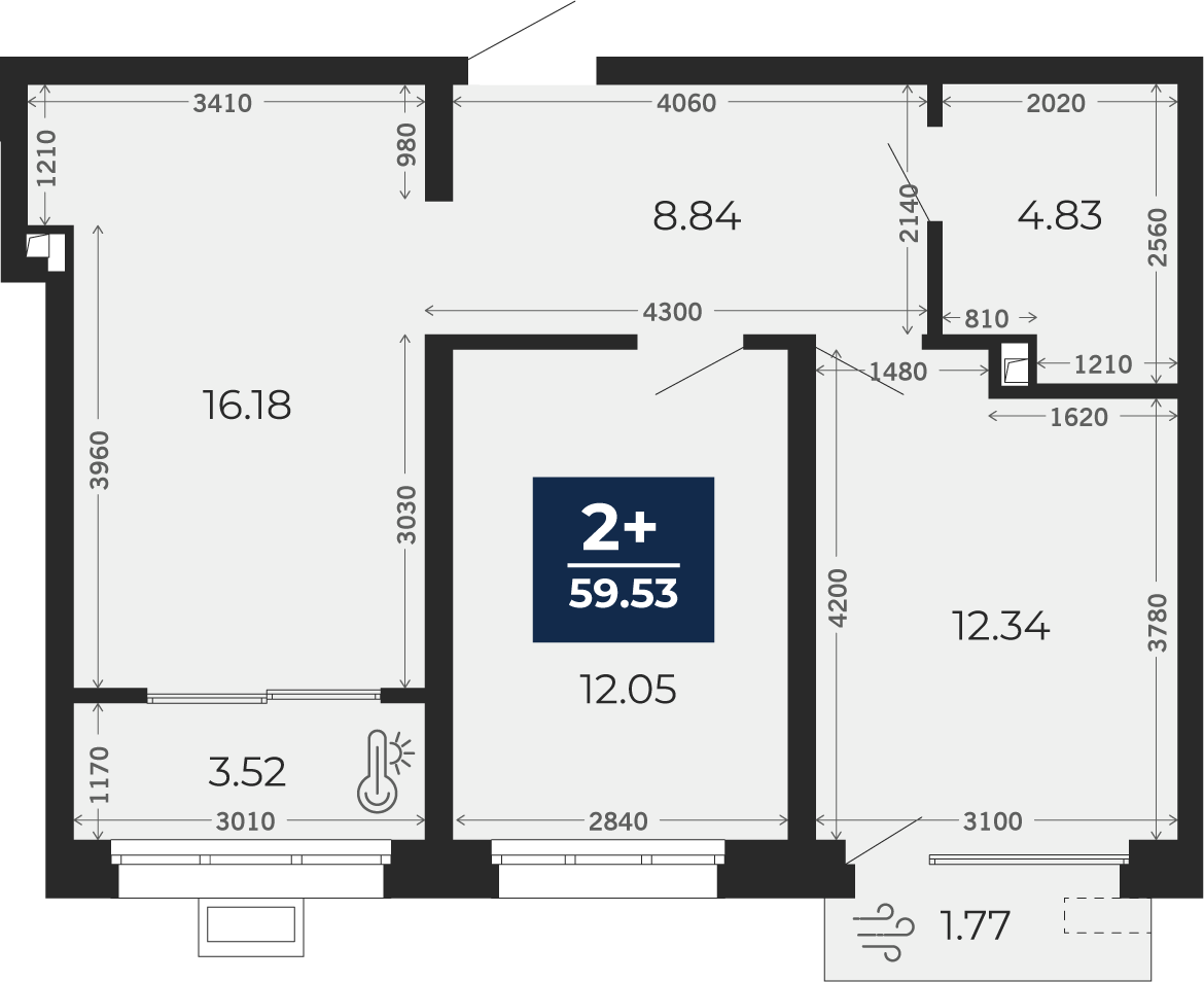 Квартира № 605, 2-комнатная, 59.53 кв. м, 2 этаж