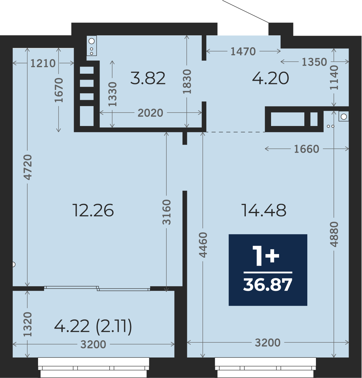 Квартира № 219, 1-комнатная, 36.87 кв. м, 3 этаж