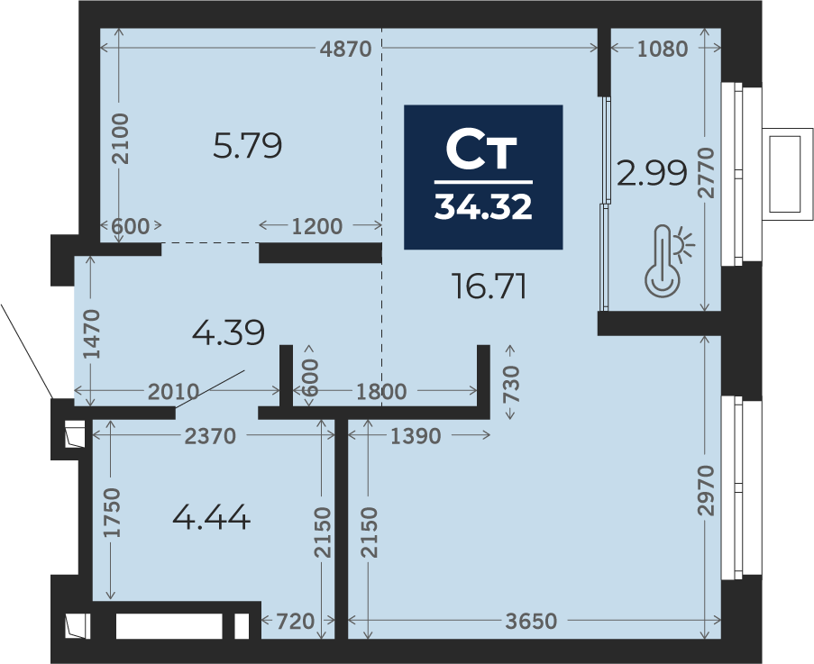Квартира № 23, Студия, 34.32 кв. м, 5 этаж
