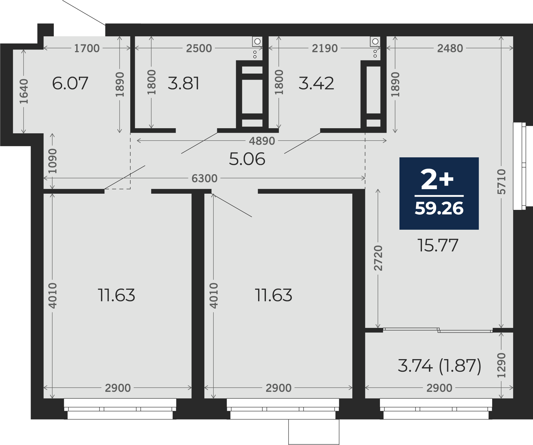 Квартира № 183, 2-комнатная, 59.26 кв. м, 13 этаж