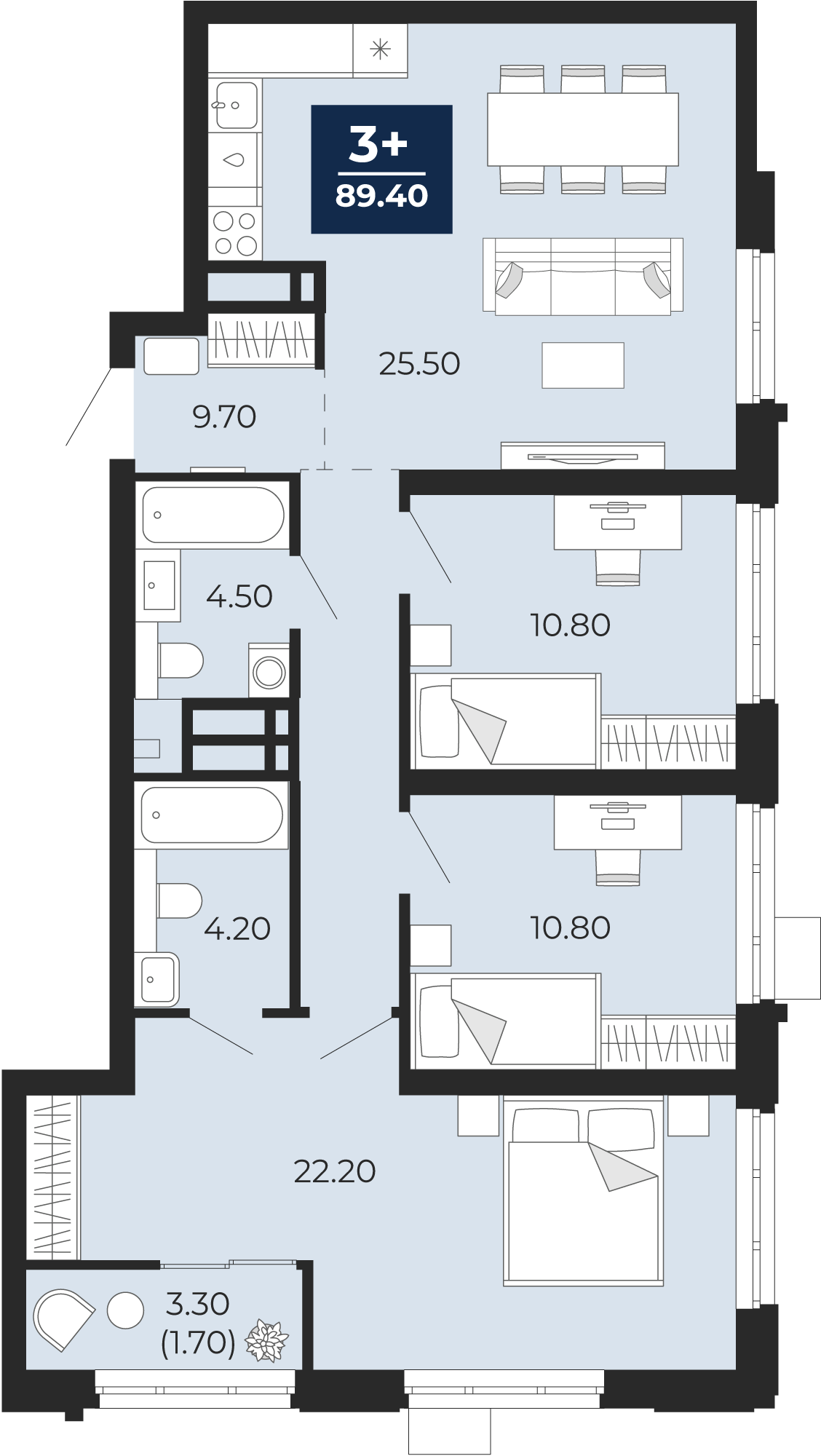 Квартира № 110, 3-комнатная, 89.4 кв. м, 4 этаж
