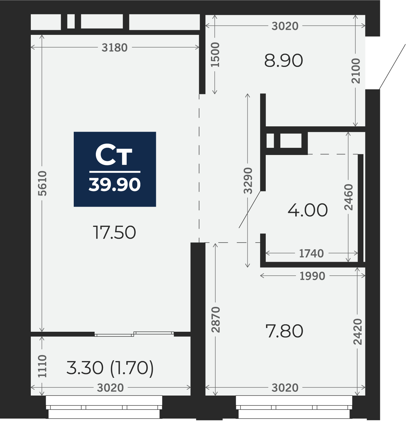 Квартира № 352, Студия, 39.9 кв. м, 18 этаж