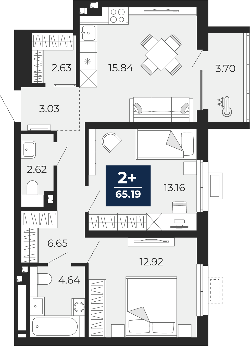 Квартира № 303, 2-комнатная, 65.19 кв. м, 2 этаж