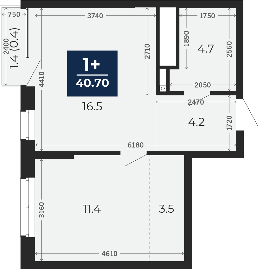 Квартира № 90, 1-комнатная, 40.7 кв. м, 17 этаж