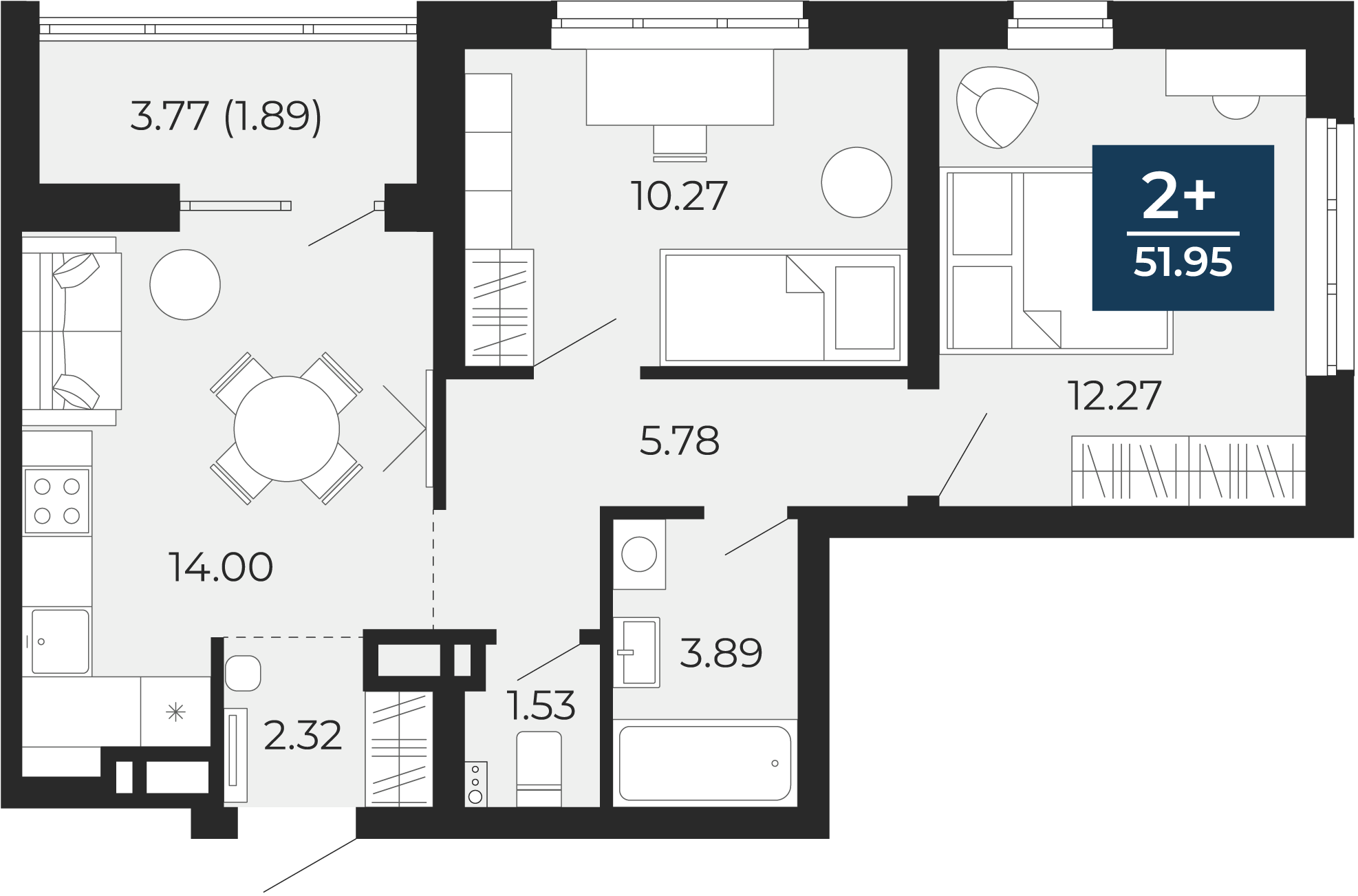 Квартира № 332, 2-комнатная, 51.95 кв. м, 11 этаж