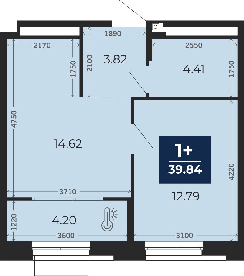 Квартира № 4, 1-комнатная, 39.84 кв. м, 2 этаж
