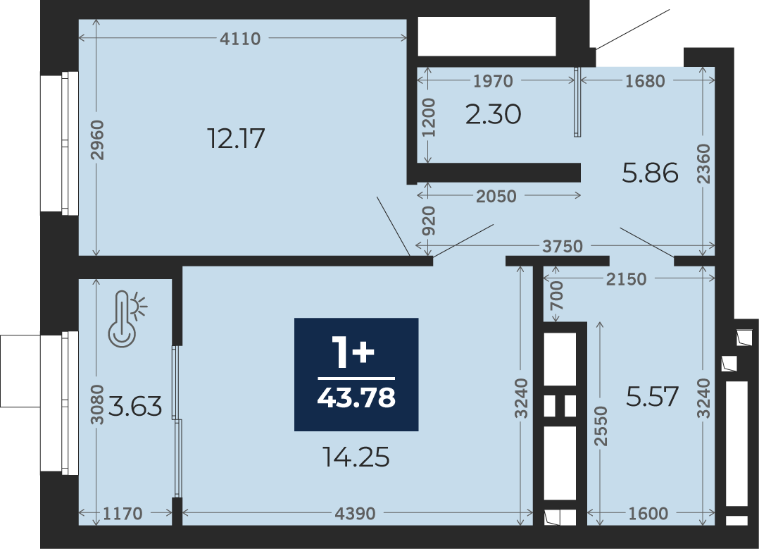 Квартира № 418, 1-комнатная, 43.78 кв. м, 21 этаж