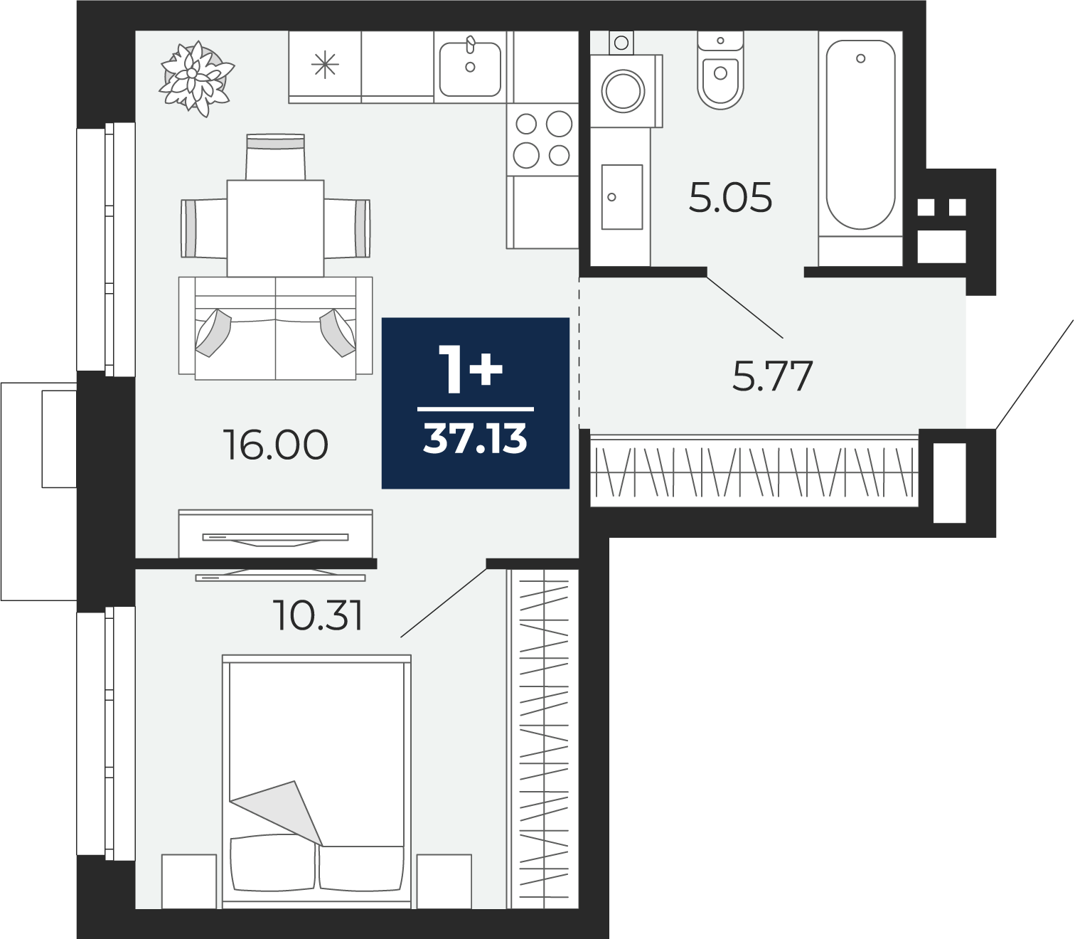 Квартира № 4, 1-комнатная, 37.13 кв. м, 2 этаж