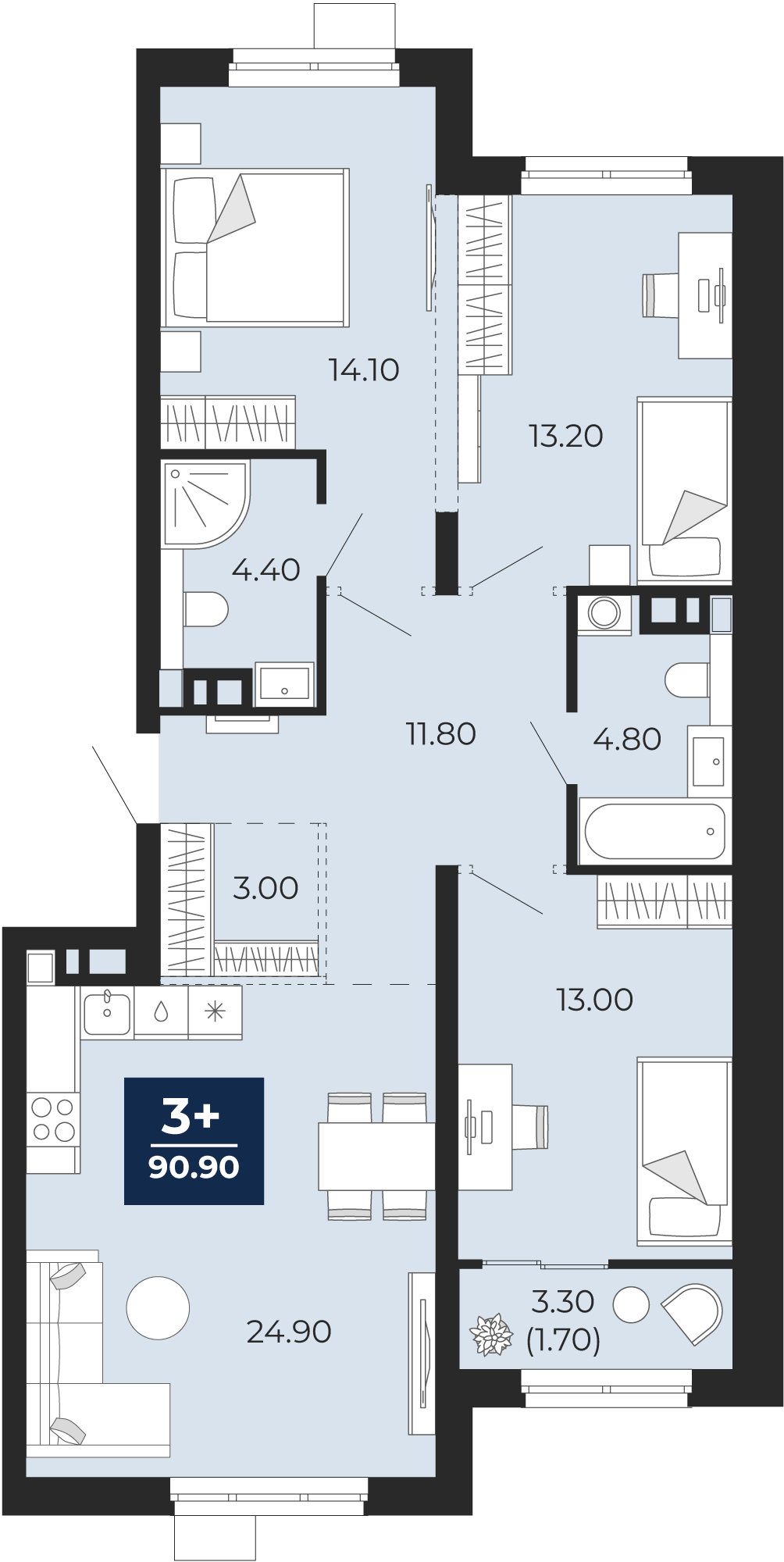 Квартира № 447, 3-комнатная, 90.9 кв. м, 4 этаж