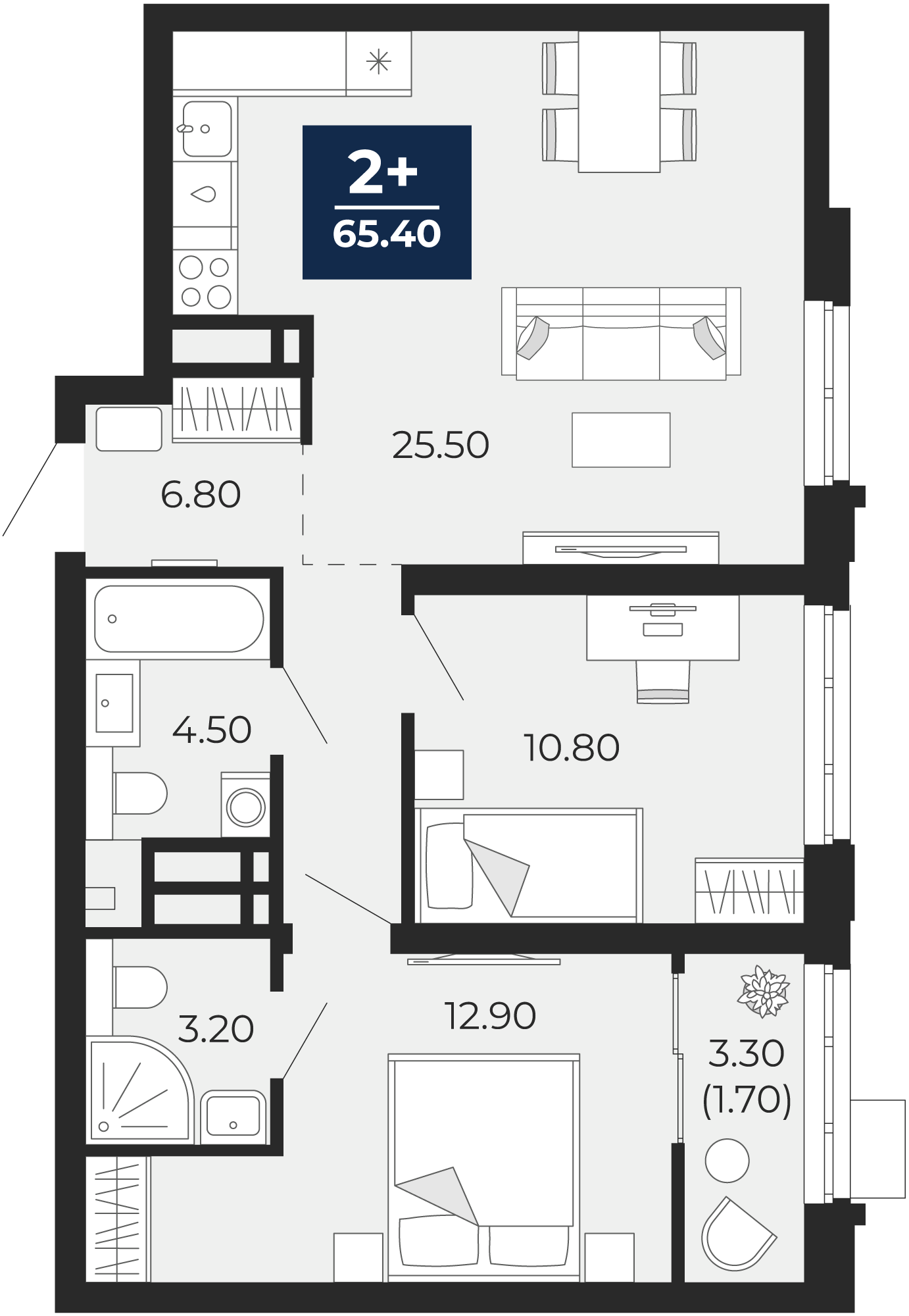 Квартира № 159, 2-комнатная, 65.4 кв. м, 11 этаж