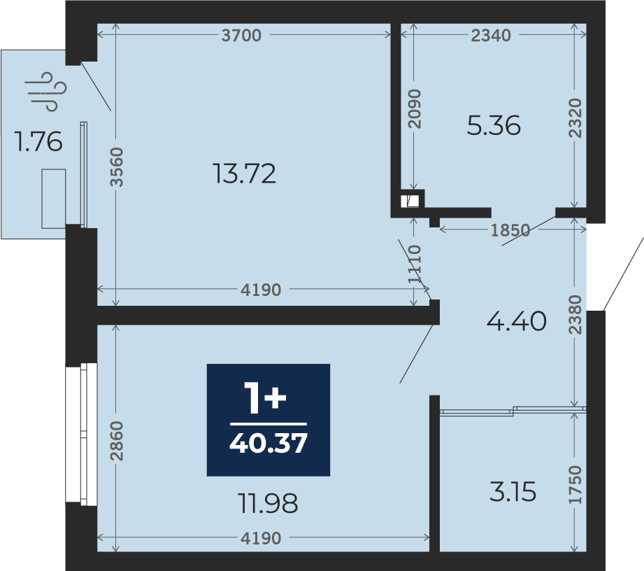 Квартира № 166, 1-комнатная, 39.14 кв. м, 2 этаж