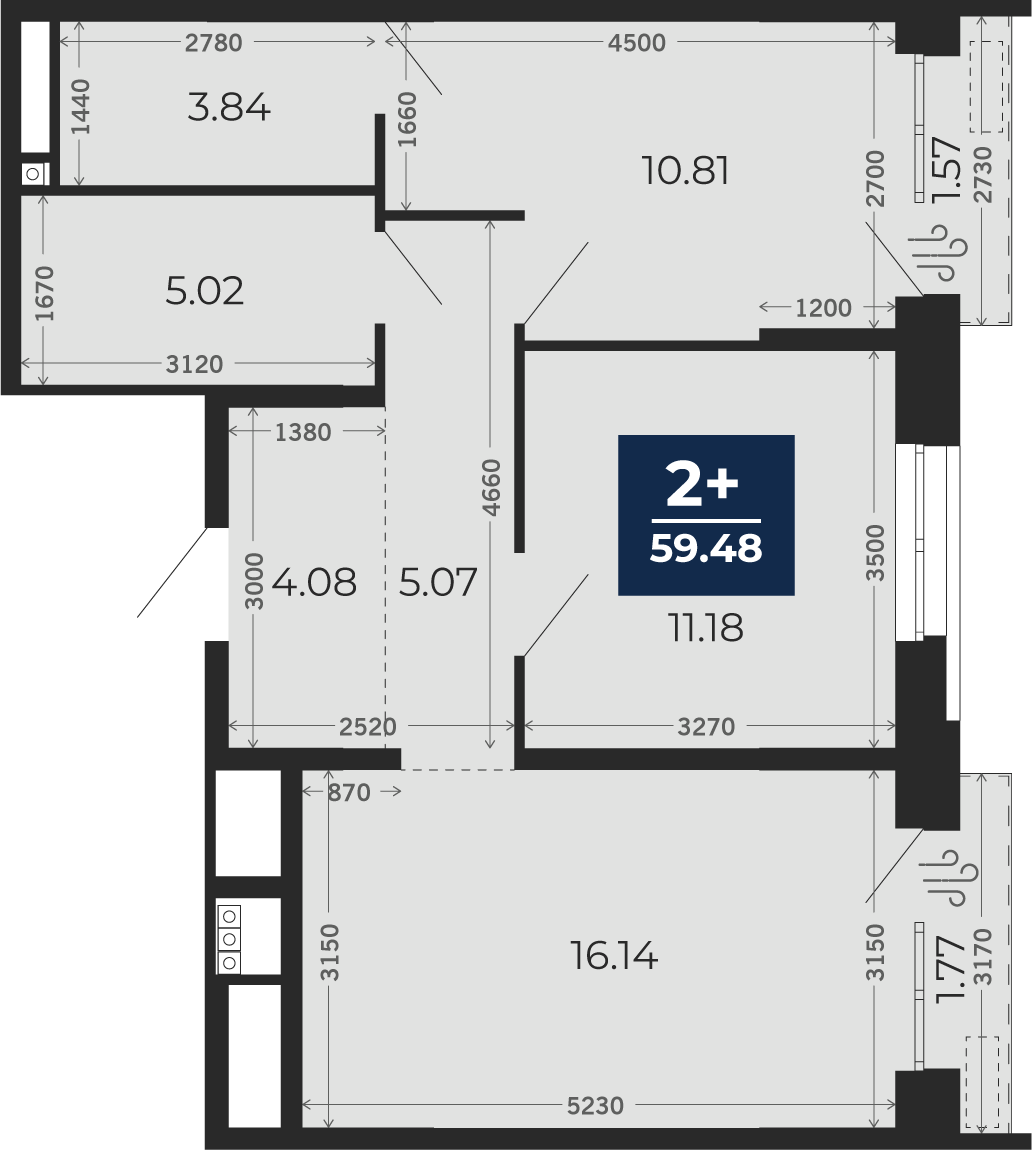 Квартира № 4, 2-комнатная, 59.48 кв. м, 2 этаж