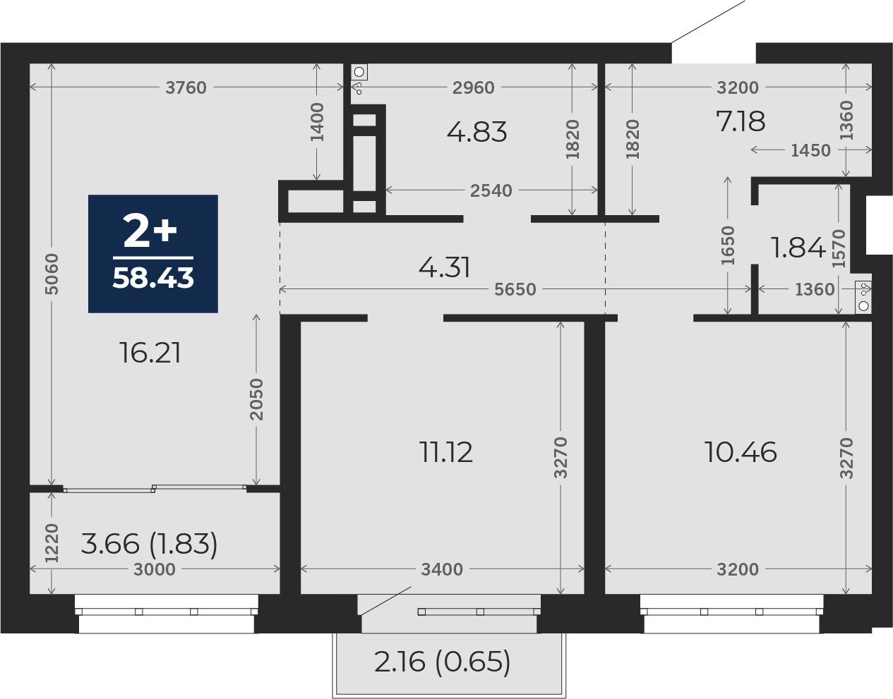 Квартира № 257, 2-комнатная, 58.43 кв. м, 6 этаж