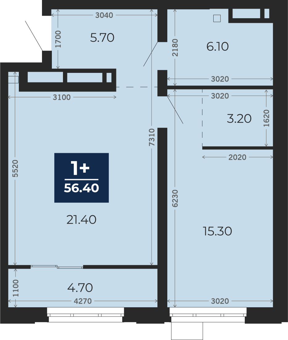 Квартира № 144, 1-комнатная, 56.4 кв. м, 8 этаж
