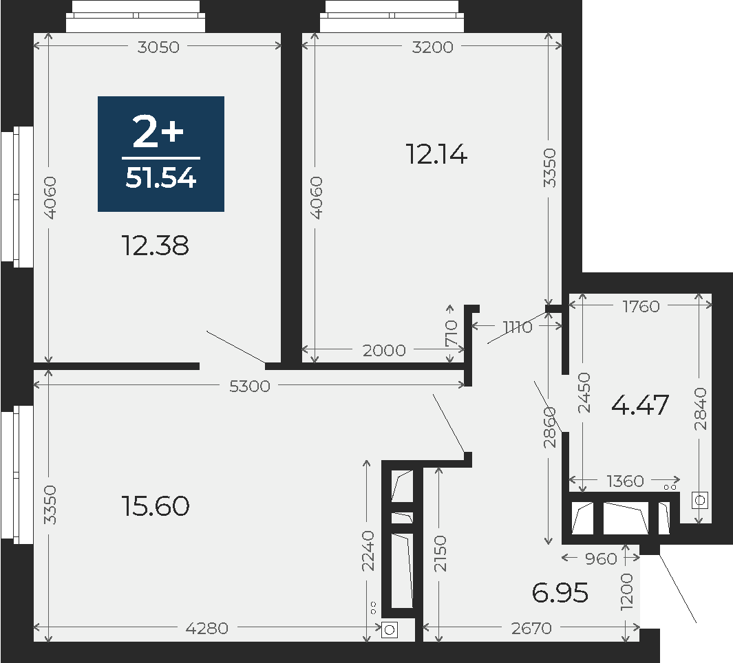 Квартира № 100, 2-комнатная, 51.54 кв. м, 9 этаж