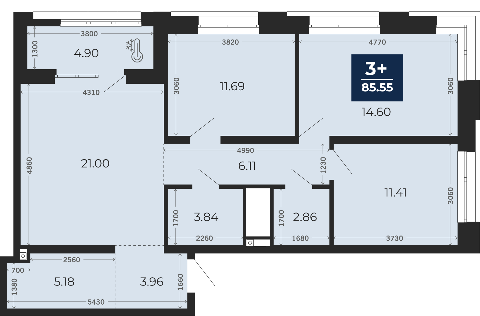 Квартира № 1, 3-комнатная, 85.55 кв. м, 2 этаж