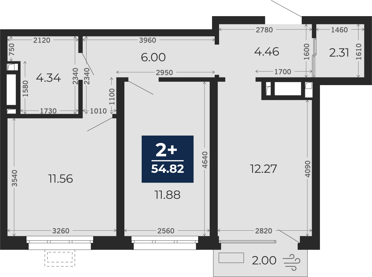 Квартира № 477, 2-комнатная, 54.82 кв. м, 6 этаж