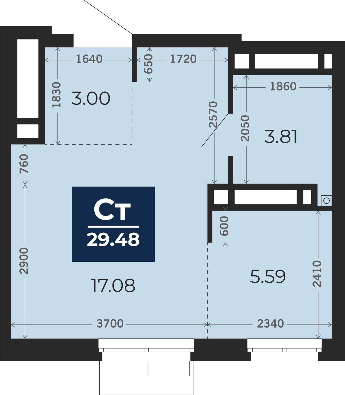 Квартира № 57, Студия, 29.48 кв. м, 3 этаж