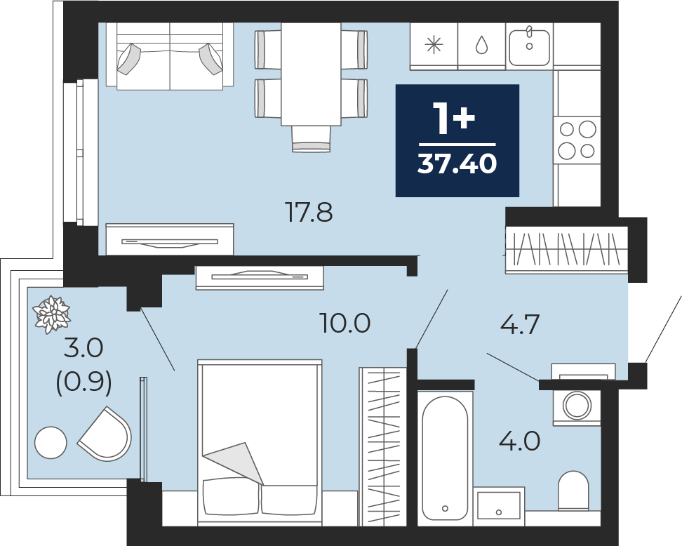 Квартира № 191, 1-комнатная, 39.5 кв. м, 10 этаж