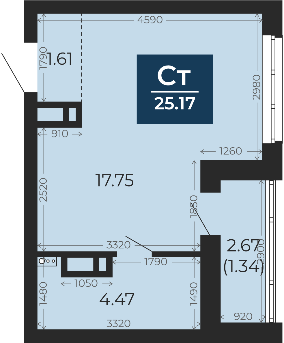 Квартира № 154, Студия, 25.17 кв. м, 8 этаж