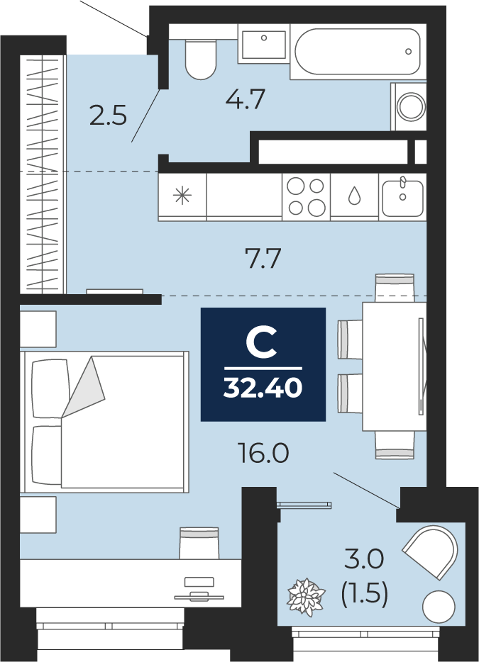 Квартира № 21, Студия, 32.4 кв. м, 4 этаж