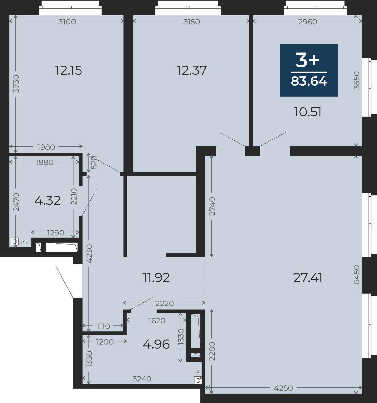 Квартира № 245, 3-комнатная, 83.64 кв. м, 19 этаж