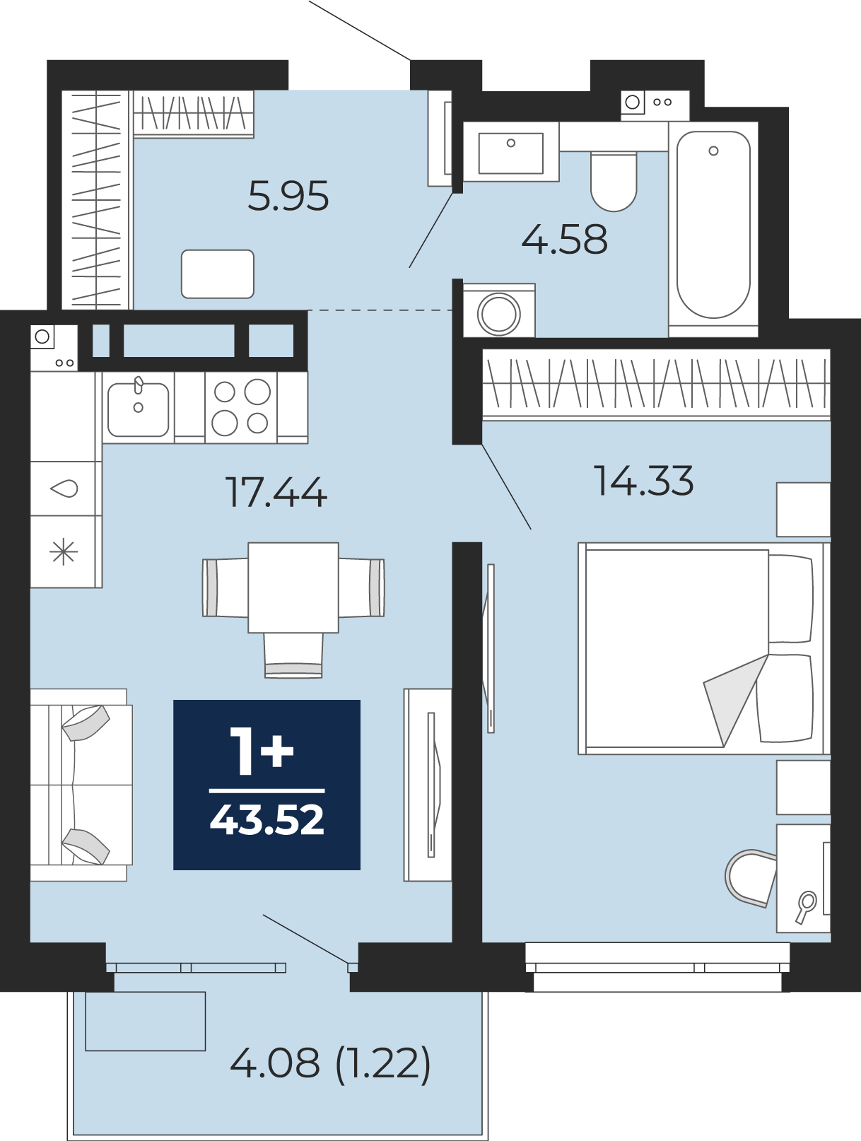 Квартира № 95, 1-комнатная, 43.52 кв. м, 13 этаж