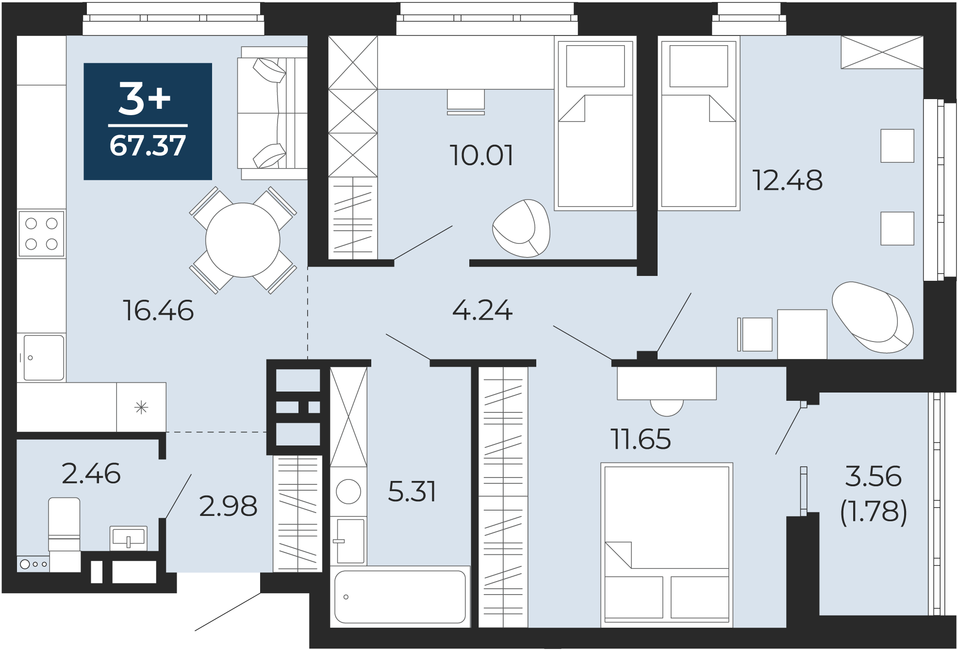 Квартира № 223, 3-комнатная, 67.37 кв. м, 4 этаж