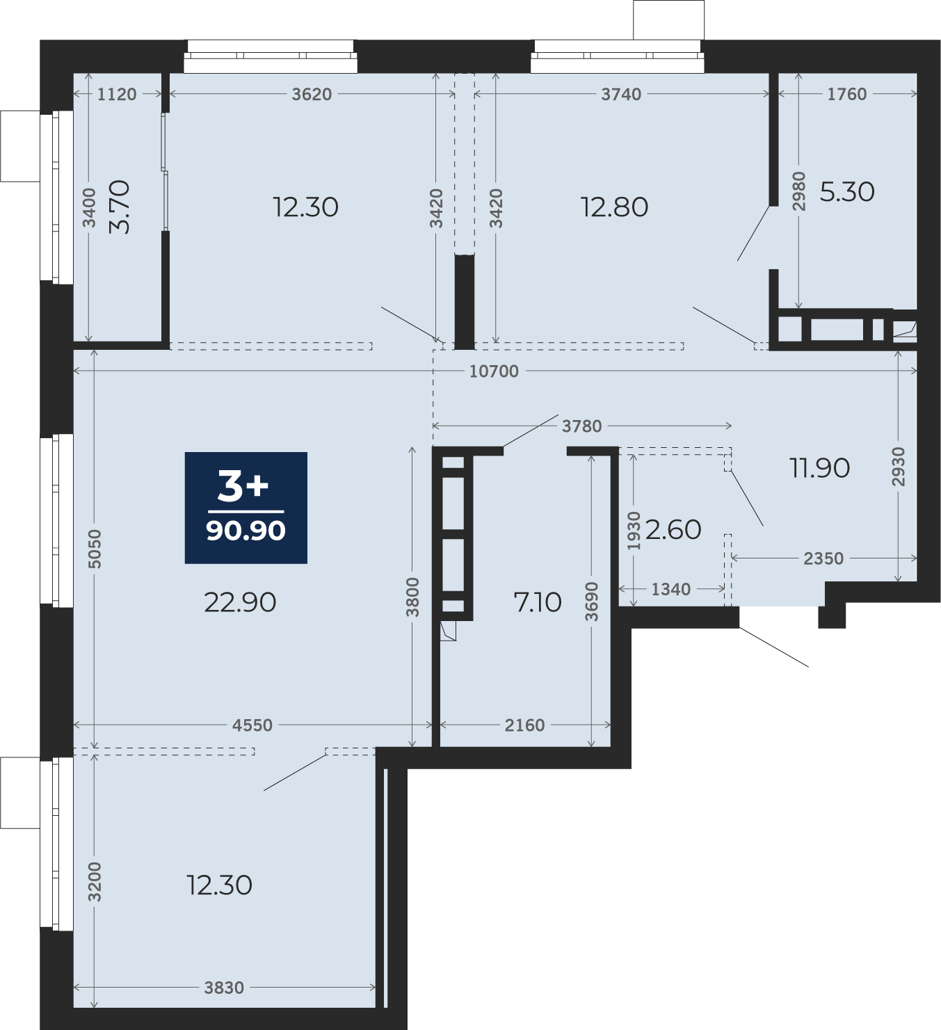 Квартира № 95, 3-комнатная, 90.9 кв. м, 15 этаж