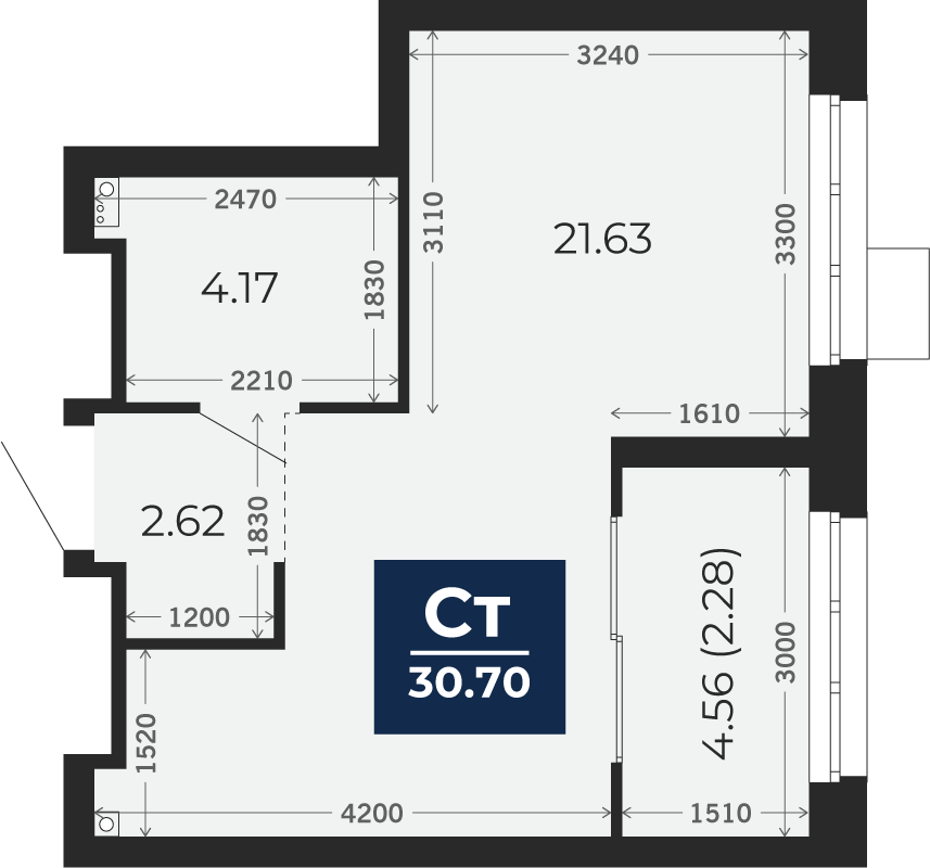 Квартира № 451, Студия, 32.98 кв. м, 5 этаж