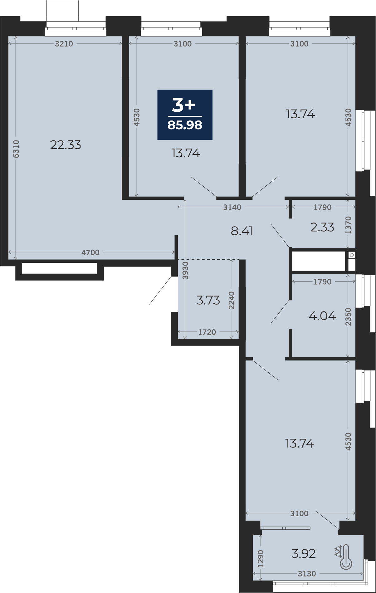 Квартира № 110, 3-комнатная, 85.98 кв. м, 11 этаж