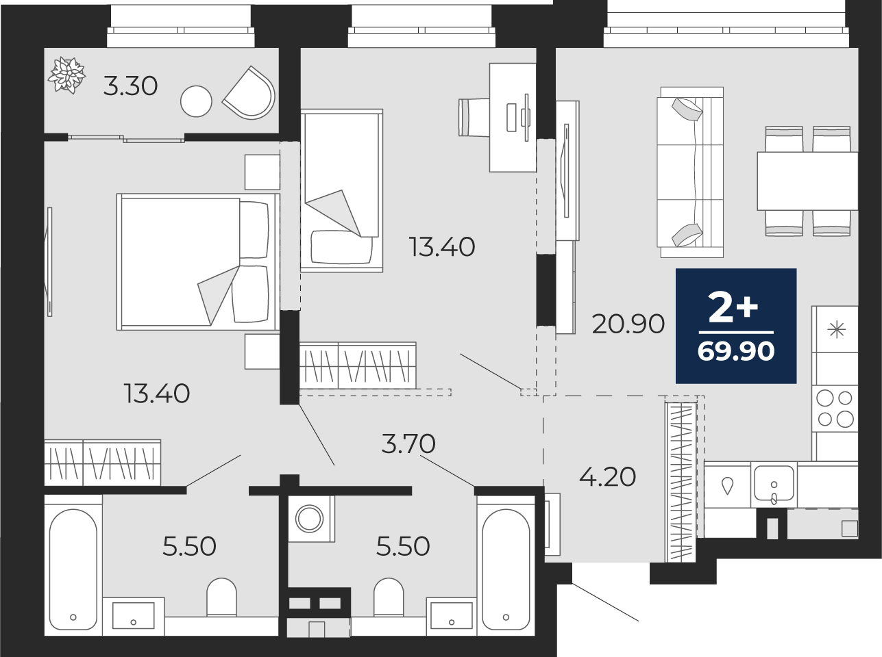 Квартира № 361, 2-комнатная, 69.9 кв. м, 2 этаж