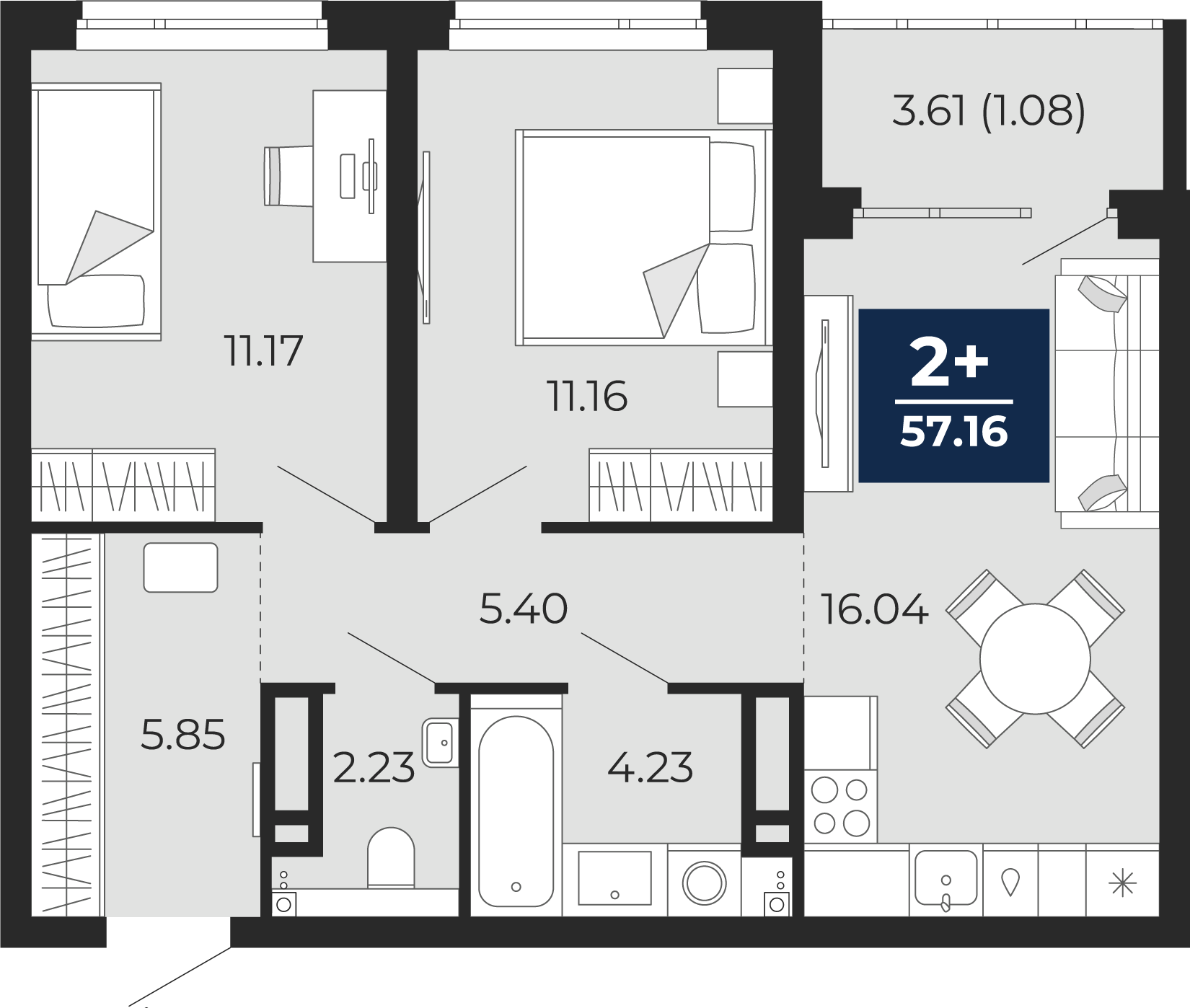 Квартира № 314, 2-комнатная, 57.16 кв. м, 21 этаж