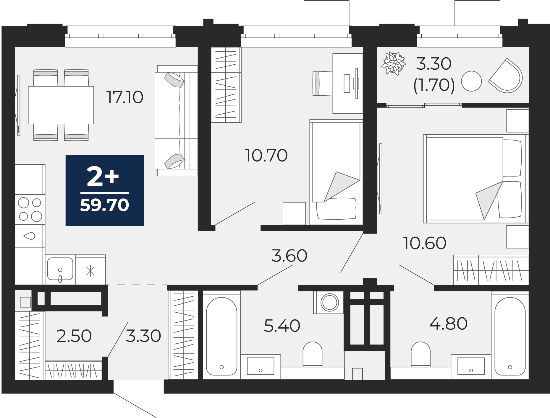 Квартира № 220, 2-комнатная, 59.7 кв. м, 19 этаж