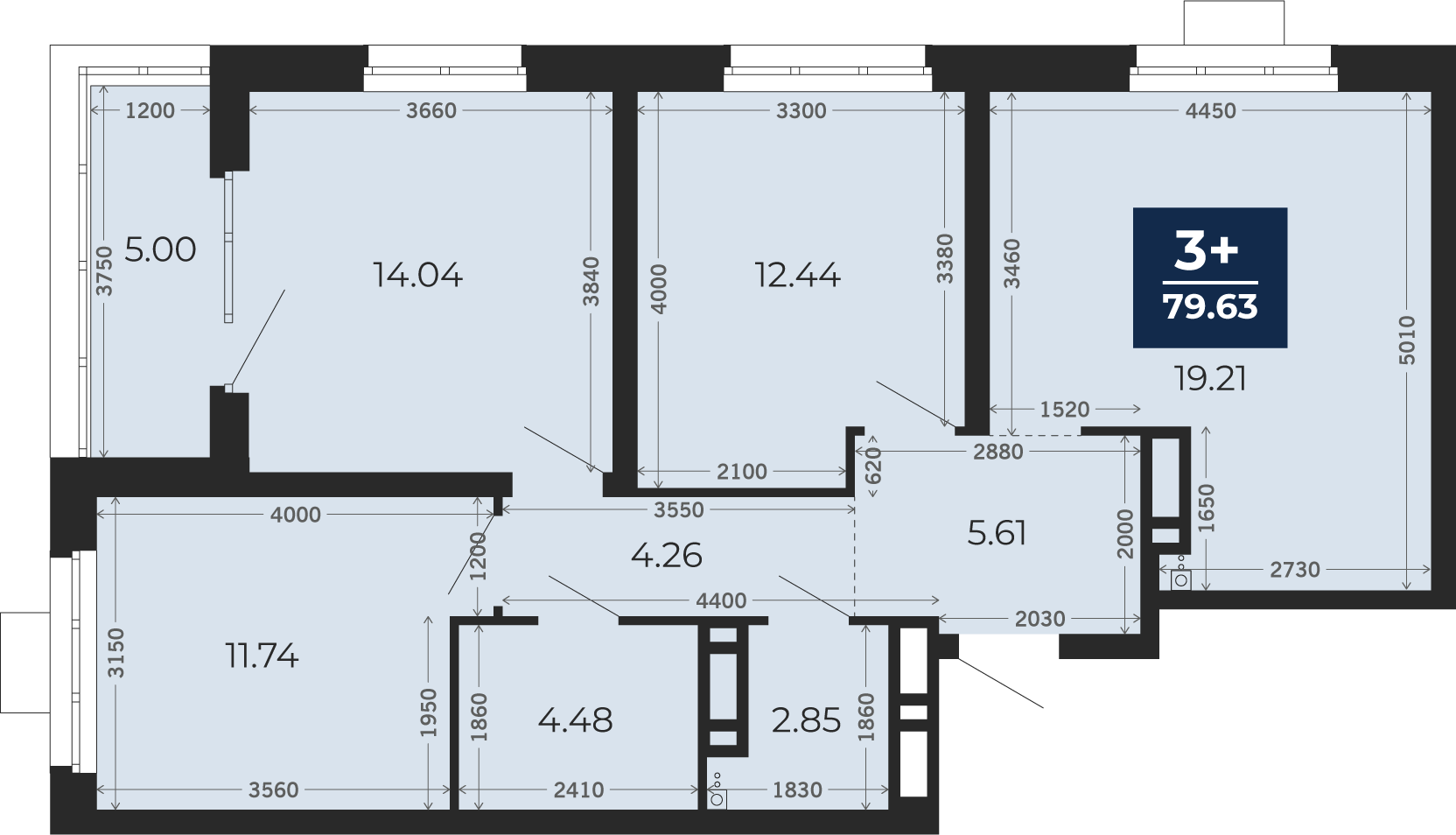 Квартира № 54, 3-комнатная, 77.13 кв. м, 8 этаж