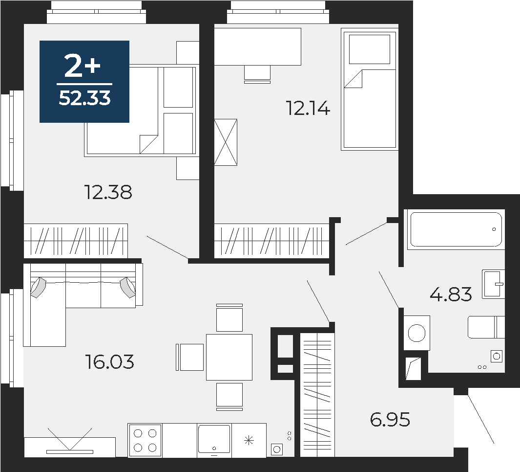 Квартира № 2, 2-комнатная, 52.33 кв. м, 2 этаж