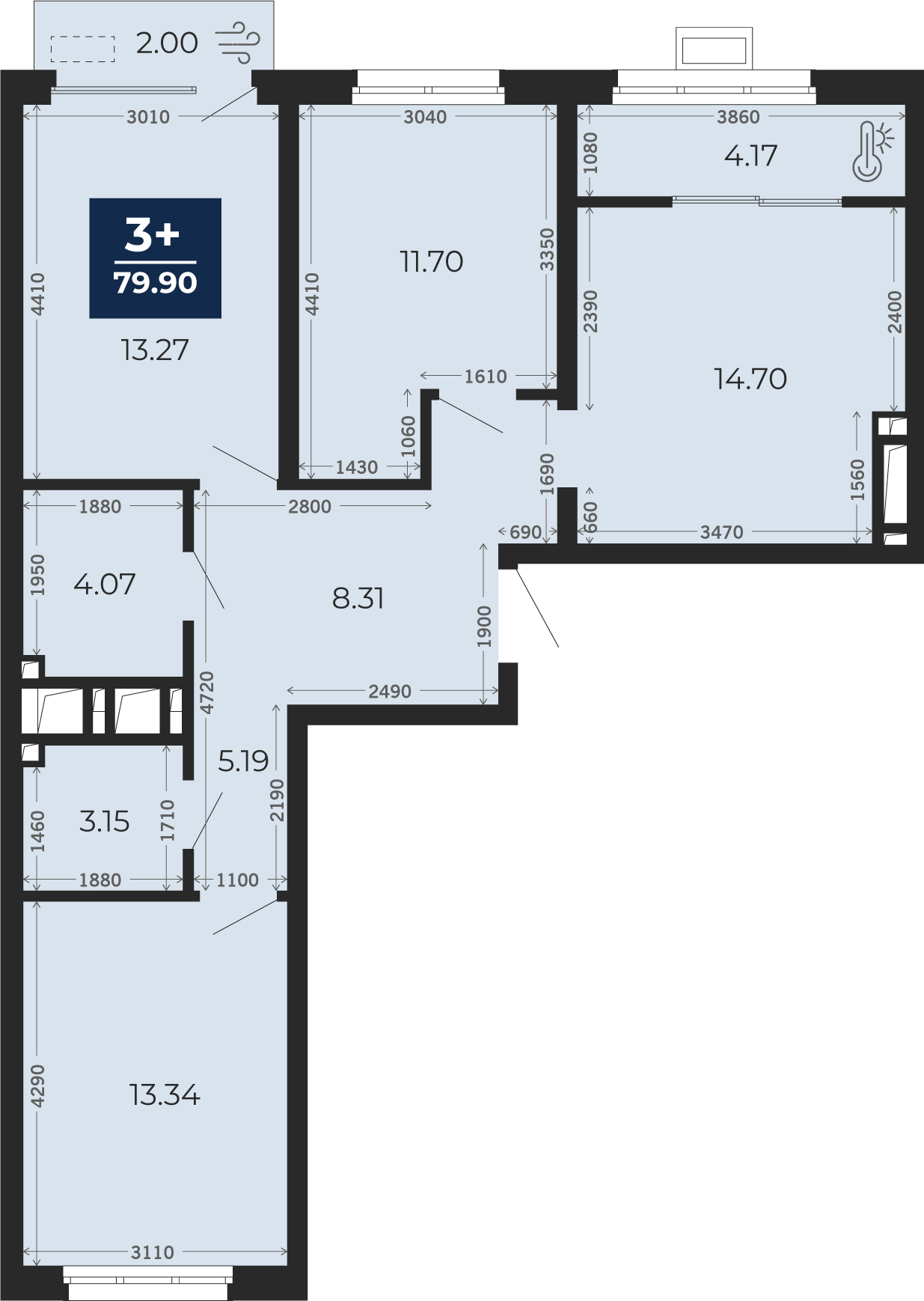Квартира № 543, 3-комнатная, 79.9 кв. м, 4 этаж