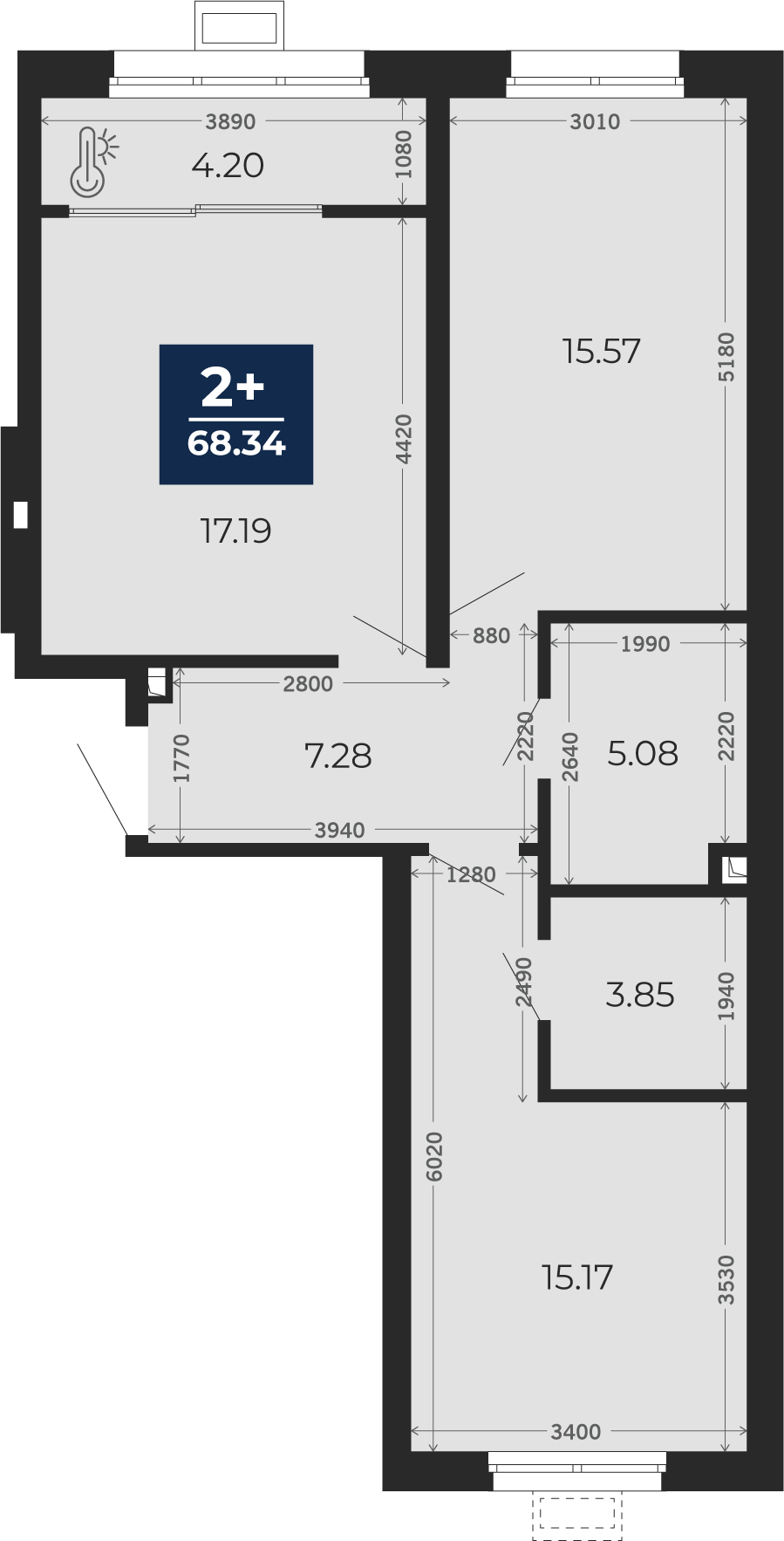Квартира № 308, 2-комнатная, 68.34 кв. м, 2 этаж