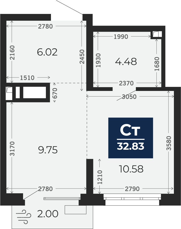 Квартира № 916, Студия, 32.83 кв. м, 6 этаж