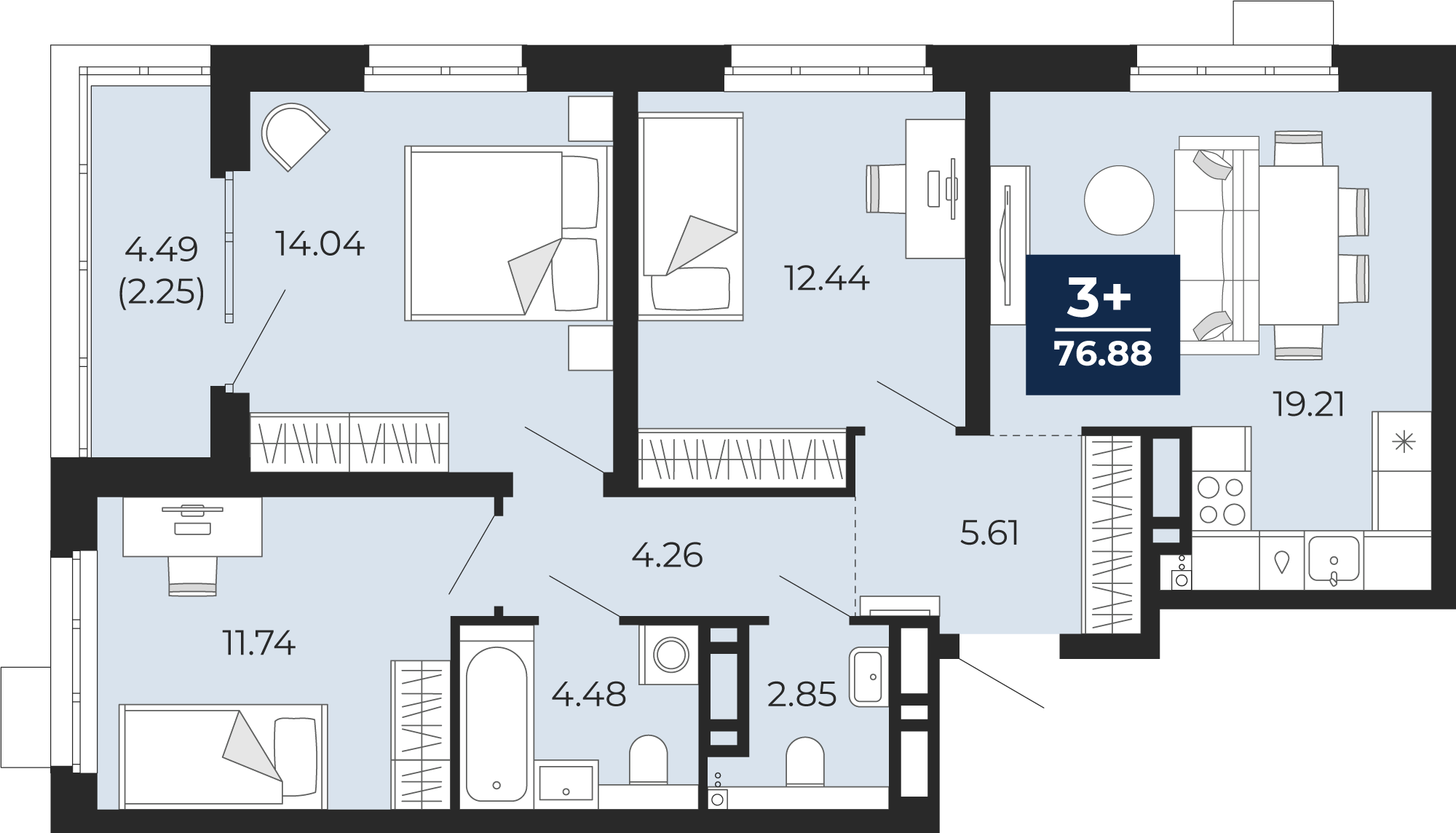 Квартира № 94, 3-комнатная, 76.88 кв. м, 13 этаж
