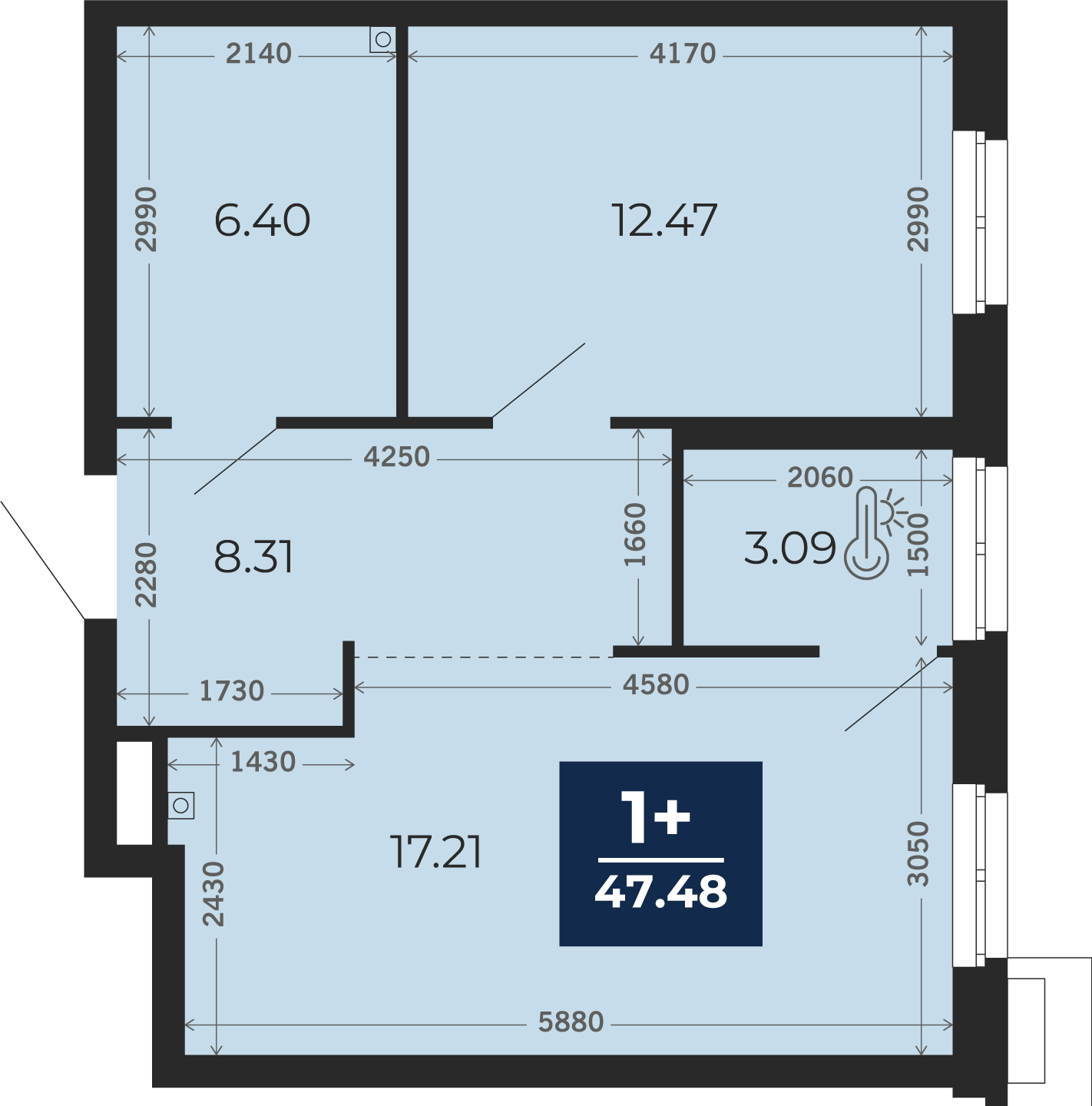 Квартира № 42, 1-комнатная, 47.48 кв. м, 2 этаж