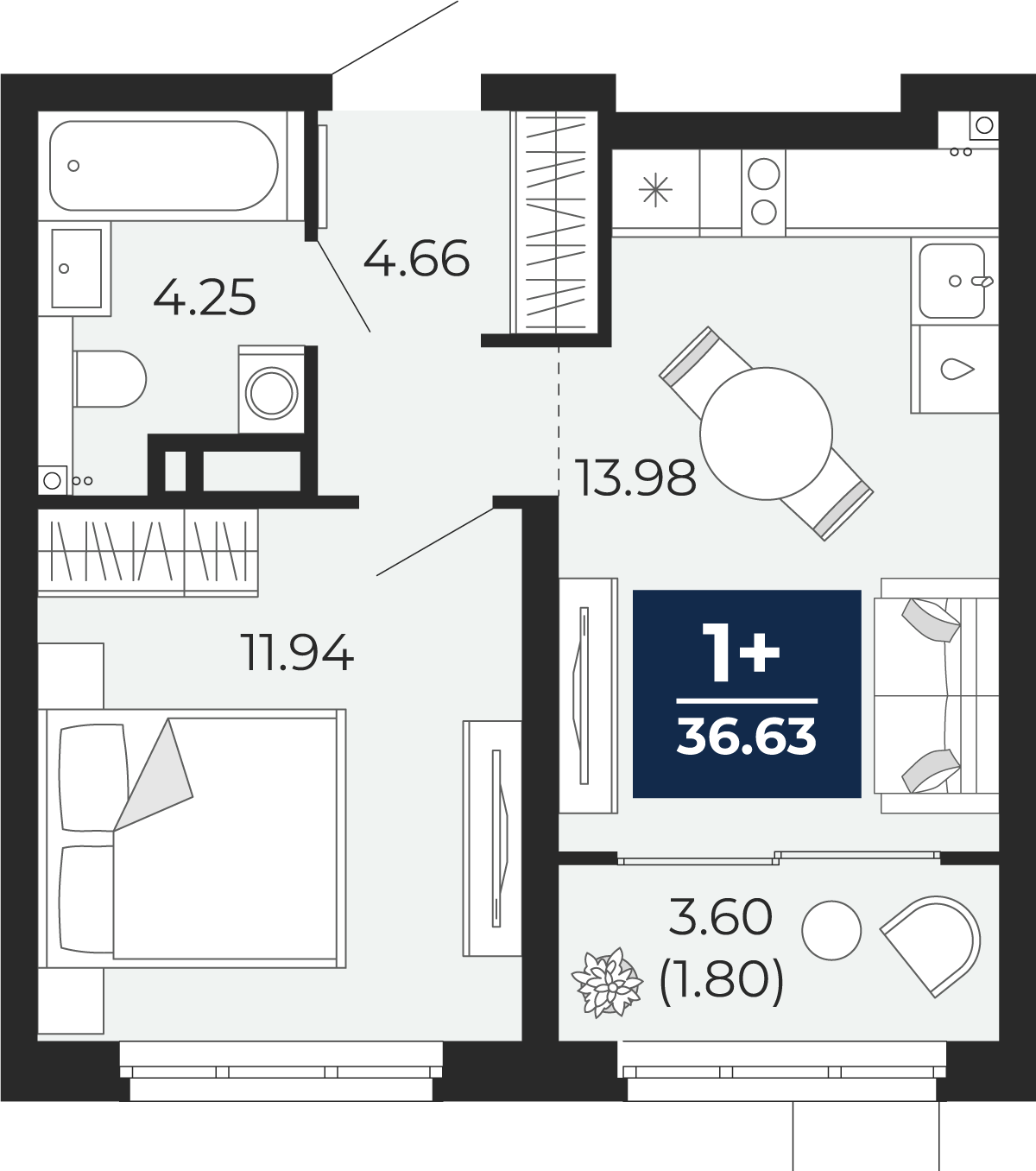 Квартира № 20, 1-комнатная, 36.63 кв. м, 4 этаж