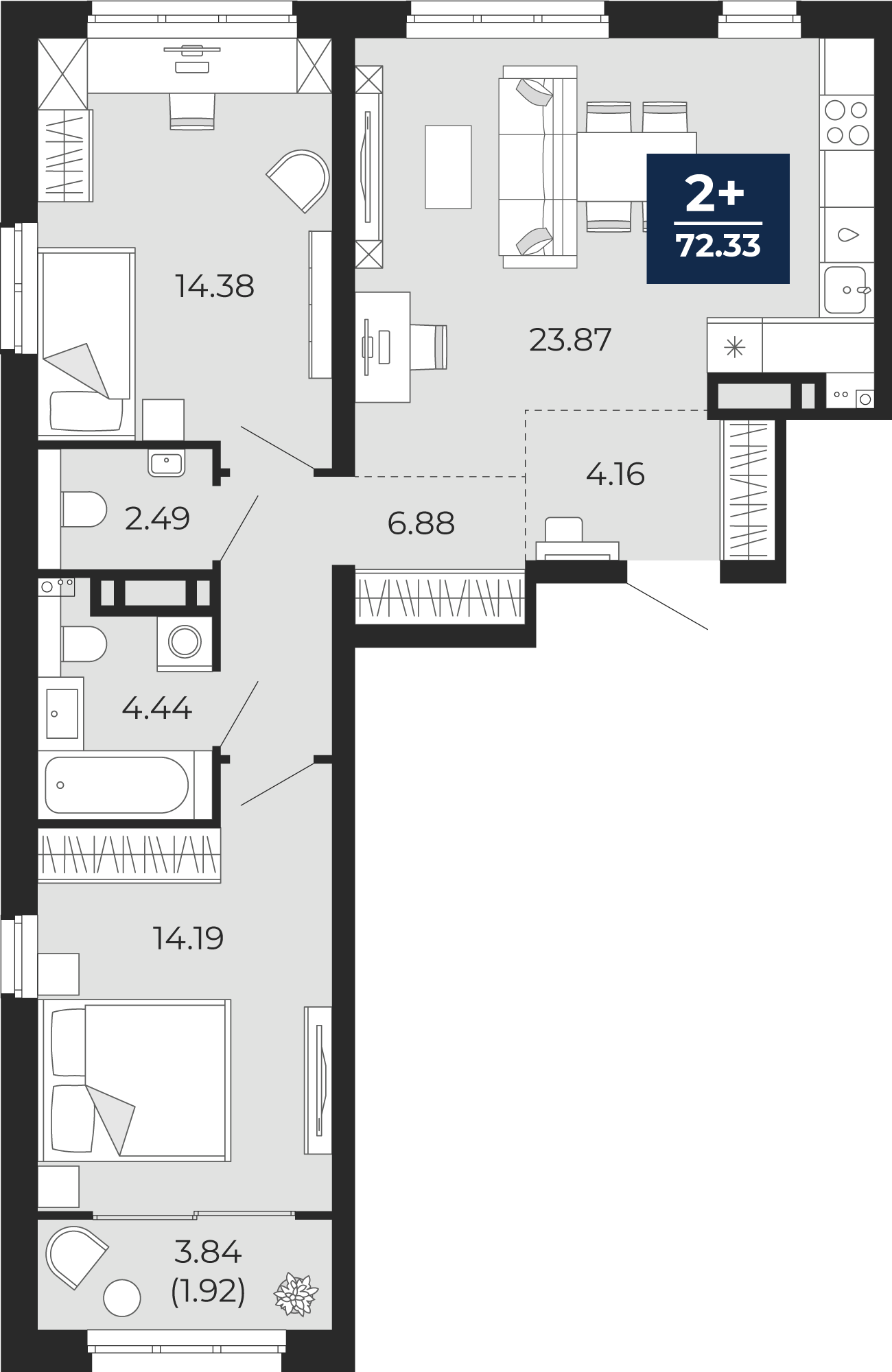 Квартира № 496, 2-комнатная, 72.33 кв. м, 12 этаж