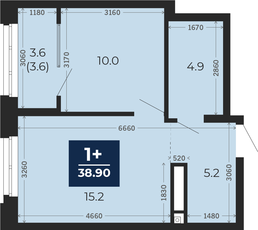 Квартира № 99, 1-комнатная, 38.9 кв. м, 14 этаж
