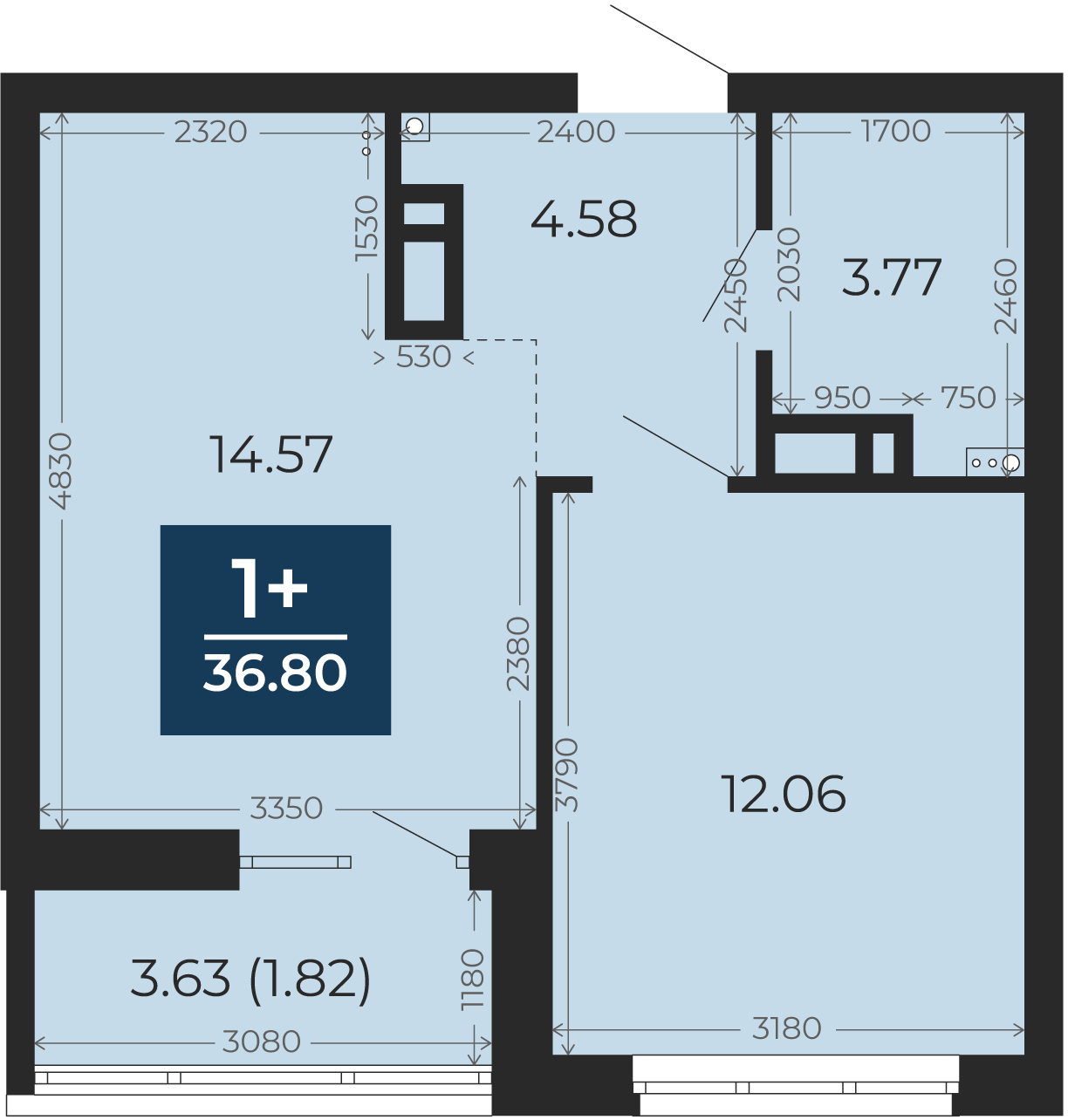Квартира № 381, 1-комнатная, 36.8 кв. м, 7 этаж
