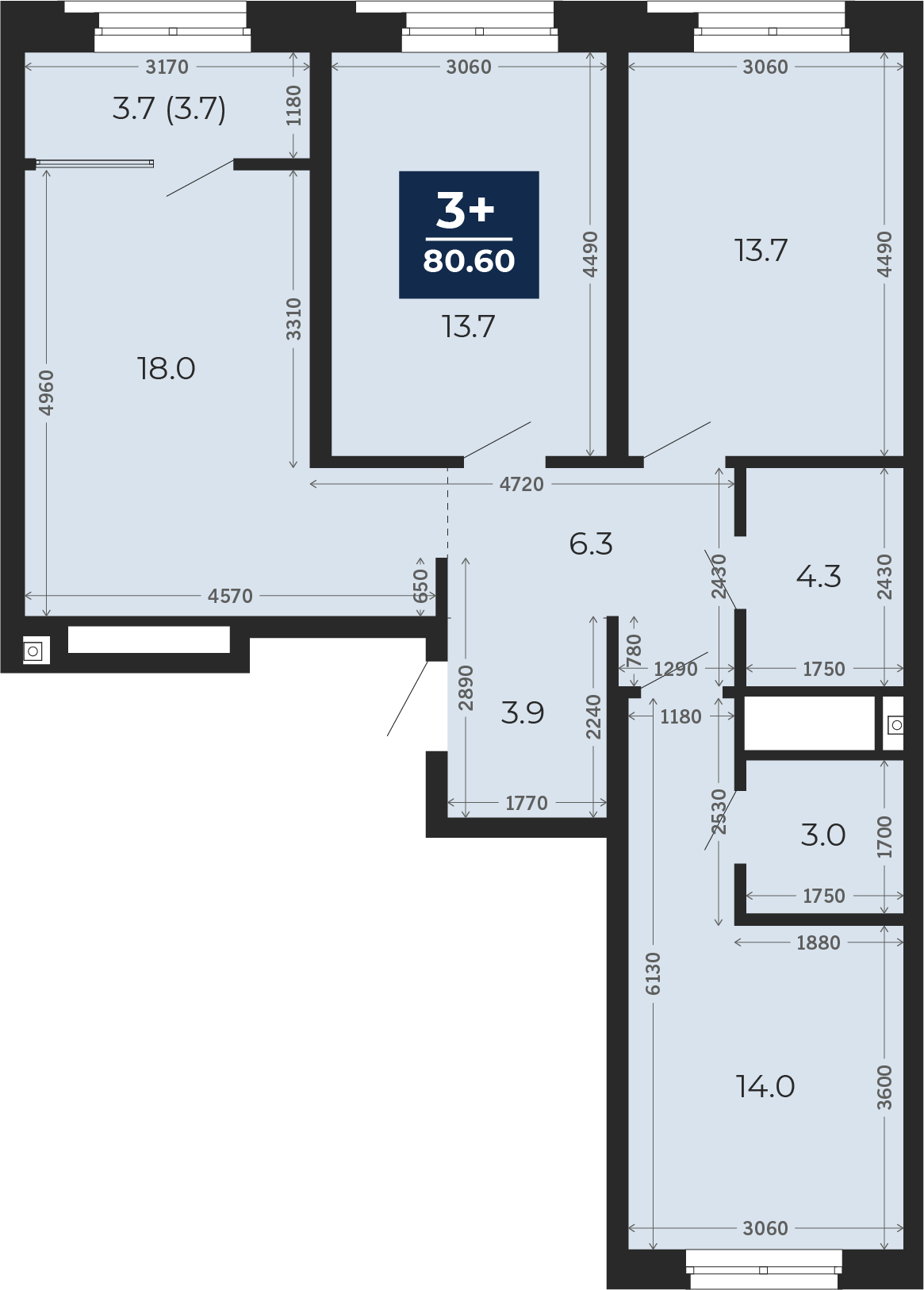 Квартира № 256, 3-комнатная, 80.6 кв. м, 11 этаж