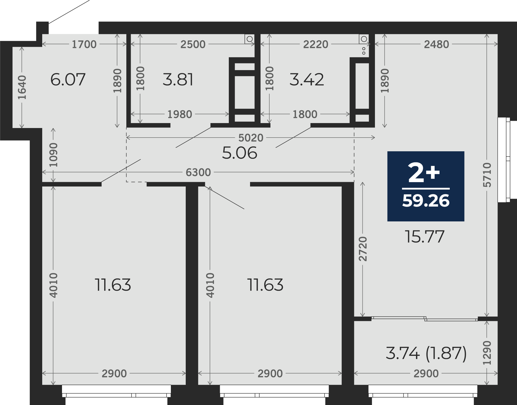 Квартира № 142, 2-комнатная, 59.26 кв. м, 19 этаж