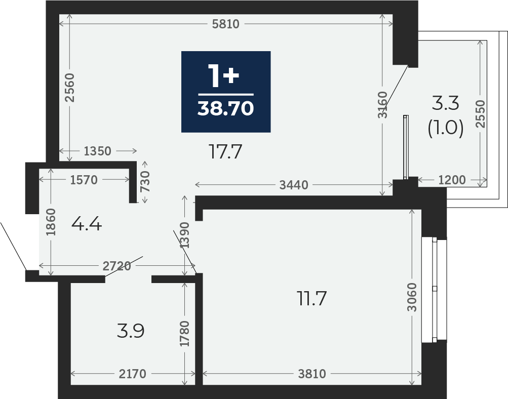 Квартира № 453, 1-комнатная, 41 кв. м, 12 этаж